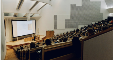 Students in a lecture hall at Aalto University in Espoo, Finland.