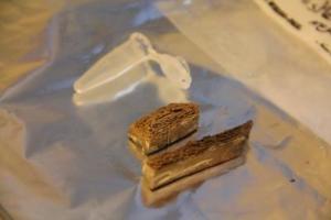Two pieces of the horse metapodial bone (~700K BP), before DNA extraction. Credit: Ludovic Orlando