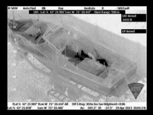 IR camera image of Dzhokhar Tsarnaev hiding in boat. Credit: Massachusetts State Police