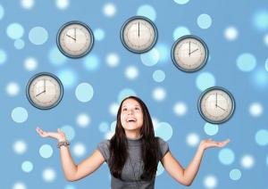 An illustration of a woman juggling clocks