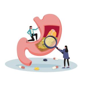 An illustration of a stomach. It is filled with food and medicines. Two small investigators assess the stomach with a magnifying glass and a stethoscope.