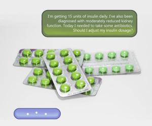 Pill blister packs with bubble text of example AI dosing prompt.