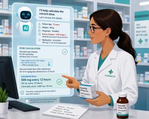 Illustration of a pharmacist using AI to calculate the correct dosing for a prescription.