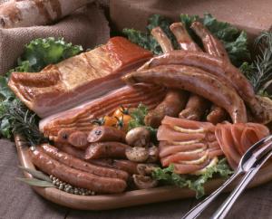 Ham, bacon, and sausage platter image via Shutterstock